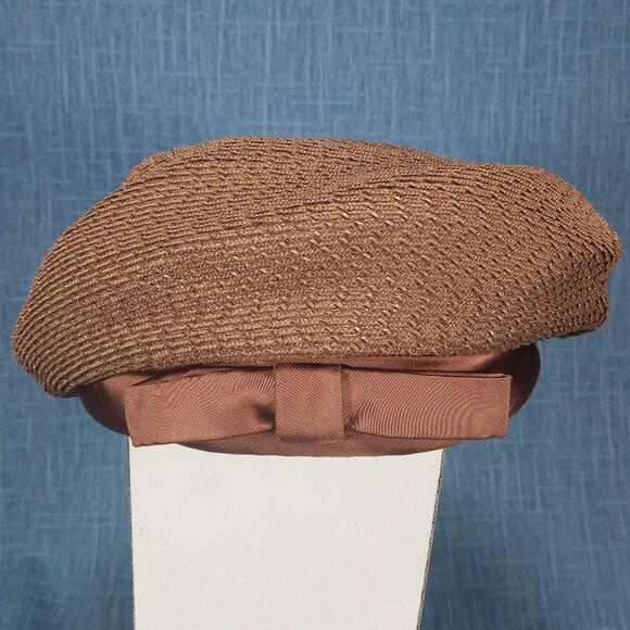 1950s Vintage Brown Rattan and Satin Beret Style Hat by I. Magnin - Picture 1 of 7